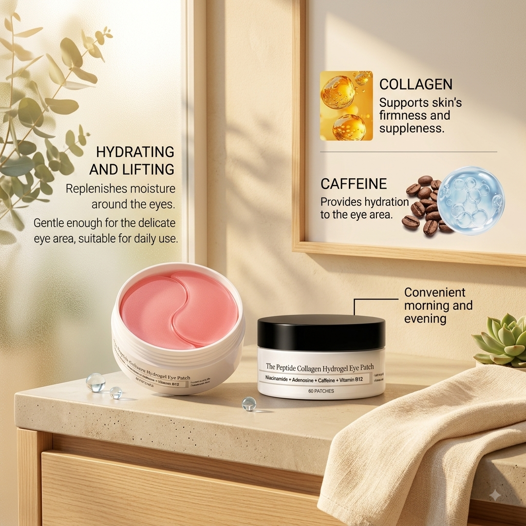 Plainly eye patches on a bright bathroom vanity with eucalyptus and a soft towel