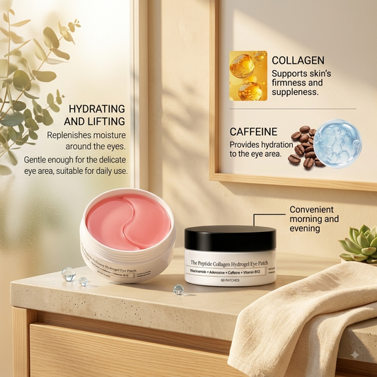Plainly eye patches on a bright bathroom vanity with eucalyptus and a soft towel