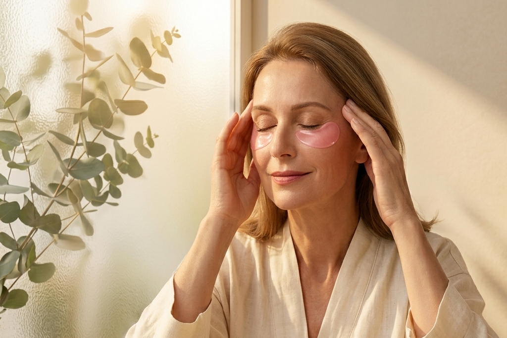 Woman applying Plainly eye patches at a sunlit table with eucalyptus branches